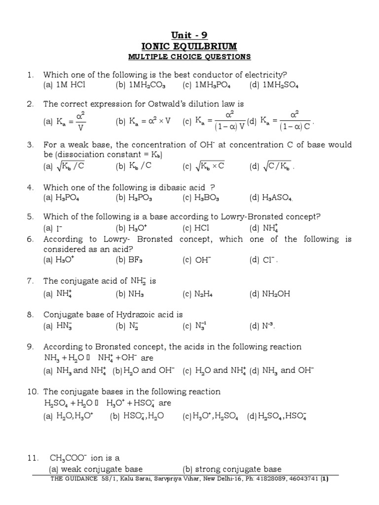 Ionic Equilibrium MCQs for Chemistry | PDF | Ph | Acid