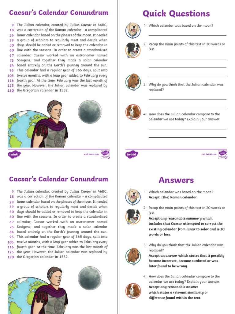 Quick Questions Caesar's Calendar Conundrum PDF Calendar Moon