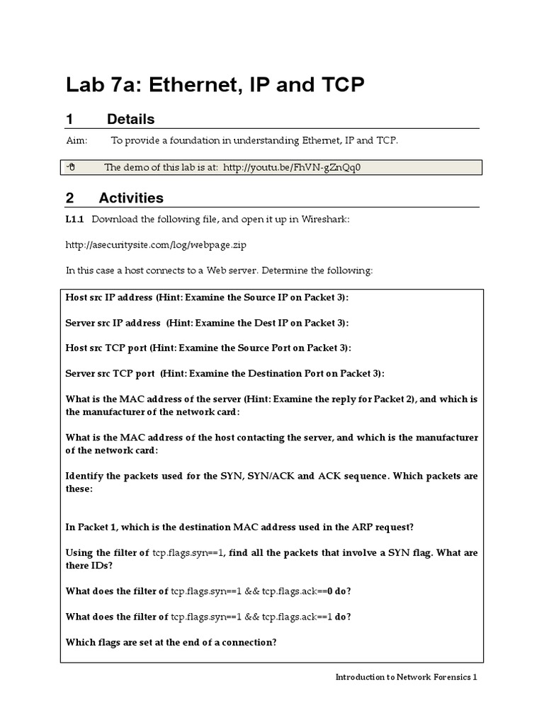 Lab 7a: Ethernet, IP and TCP: 1 Details | PDF | Public Key Certificate ...