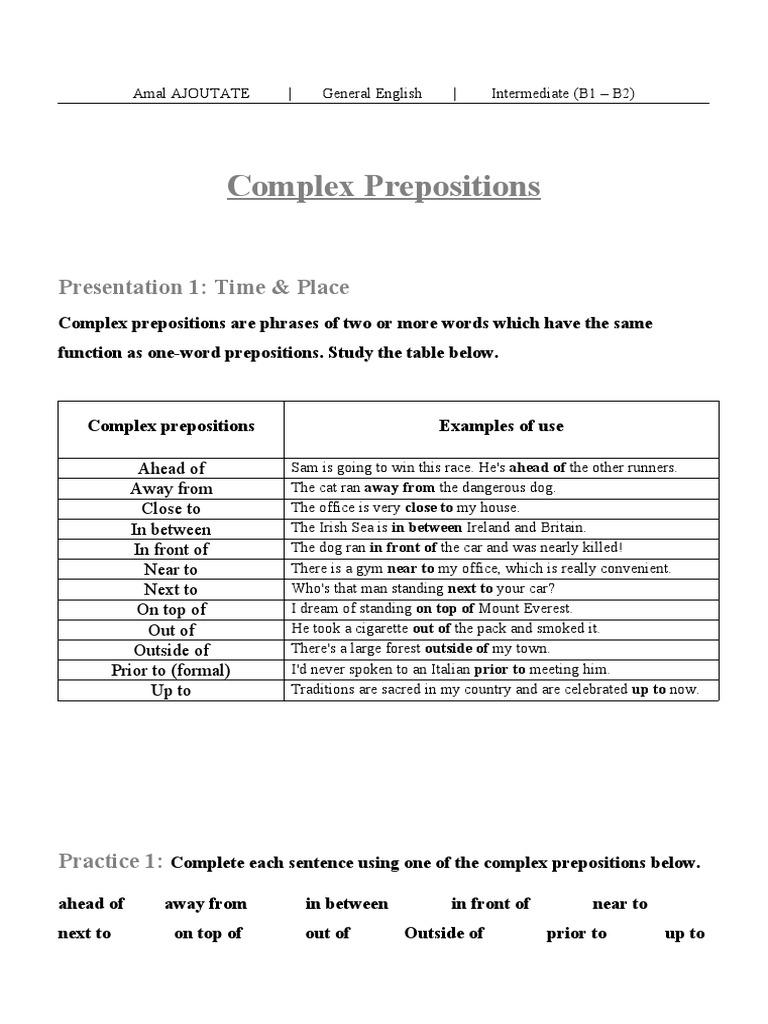 Complex Prepositions: Presentation 1: Time & Place | PDF