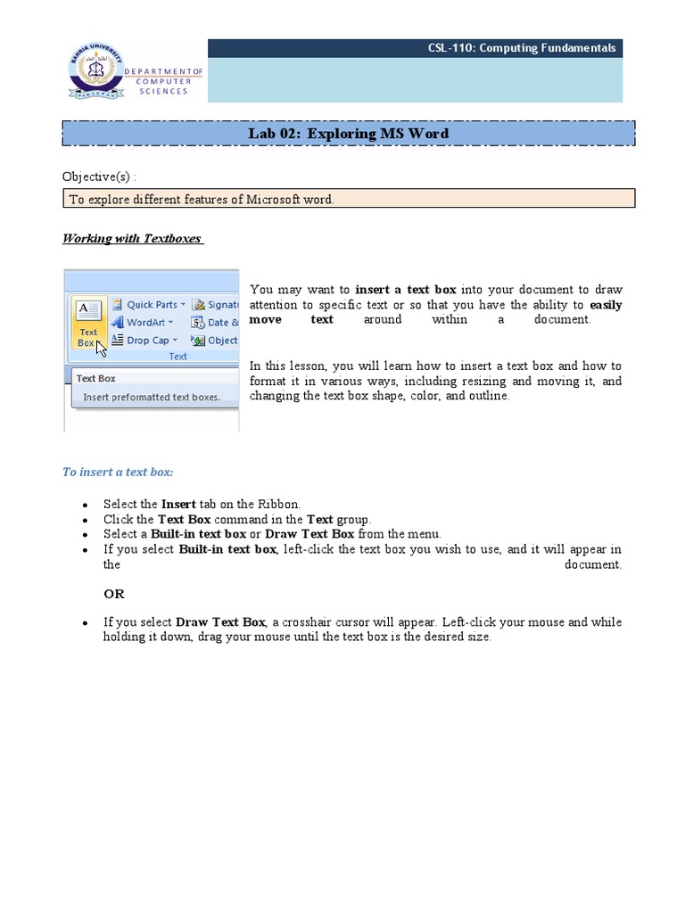 Lab 02: Exploring MS Word: Working With Textboxes | PDF | Microsoft ...