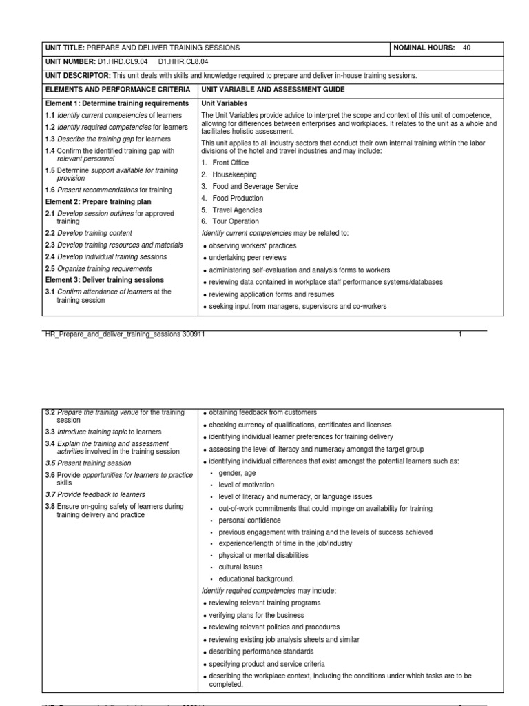 CC Prepare & Deliver Training Sessions 300911 | PDF | Competence (Human ...