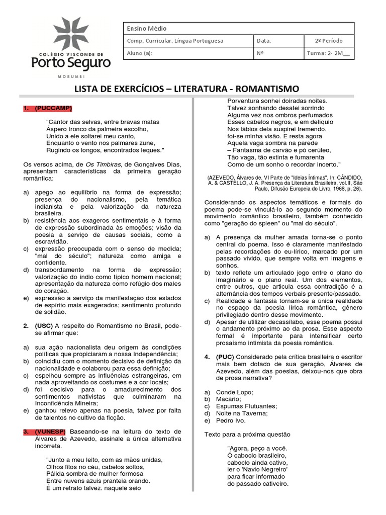 Exercícios sobre Romantismo Brasileiro | PDF | Romantismo | Amor