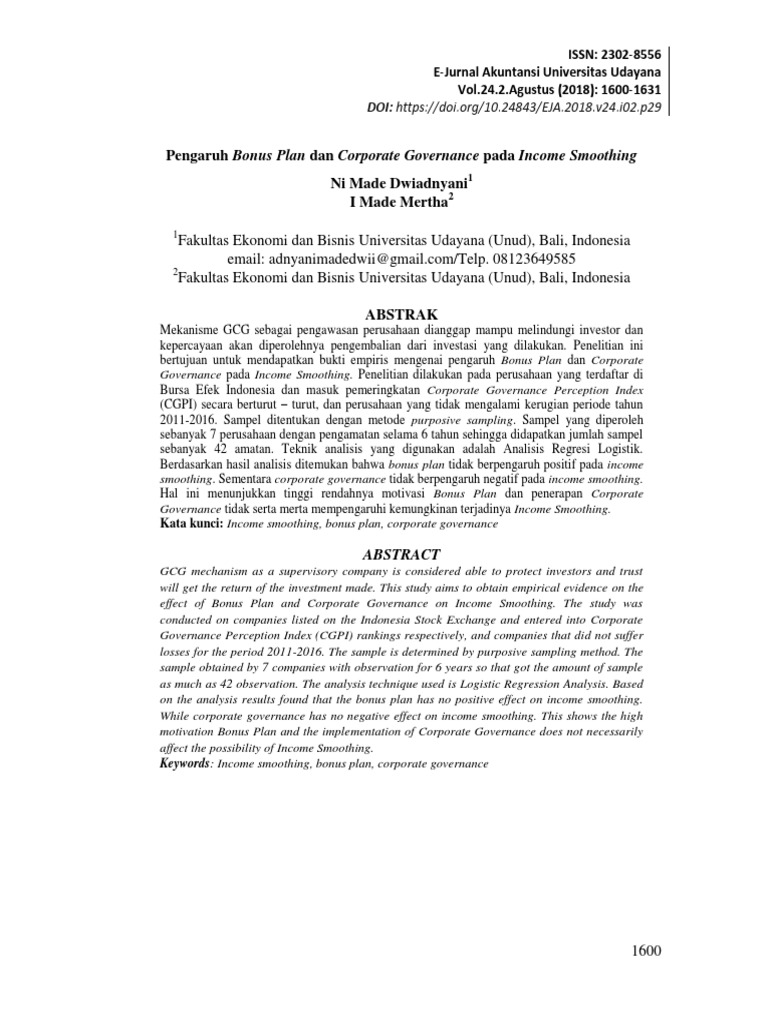 Bonus Plan dan Corporate Governance pada Income Smoothing | PDF