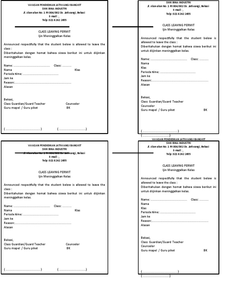 Surat Izin Siswa Meninggalkan Kelas | PDF