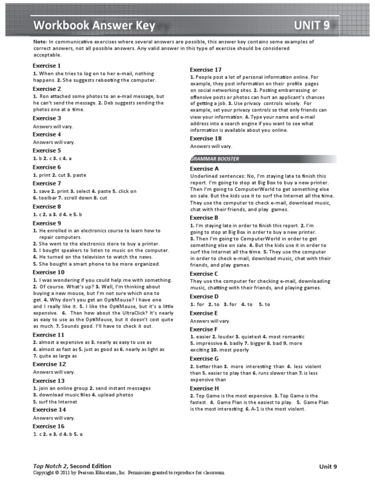 Workbook Answer Key Unit 9: Grammar Booster | PDF | Internet ...