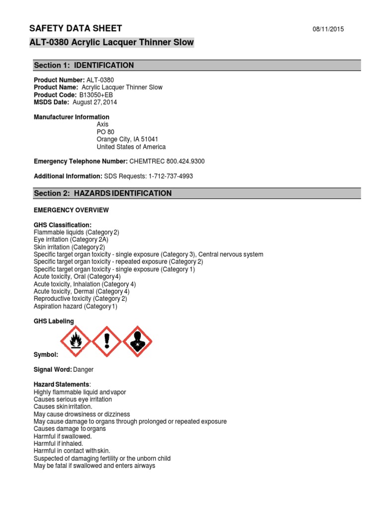 Acrylic Lacquer Thinner Safety Data Sheet | PDF | Toxicity | Personal ...