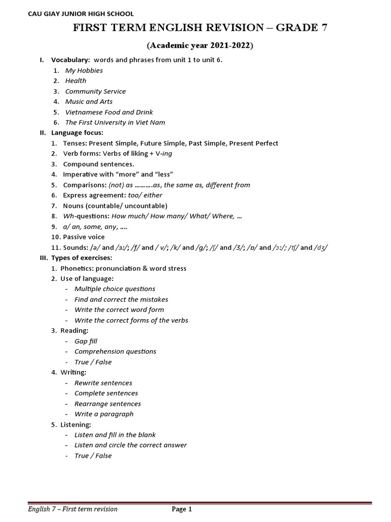 Grade 7 English First Term Revision Guide | PDF | English Language | Verb