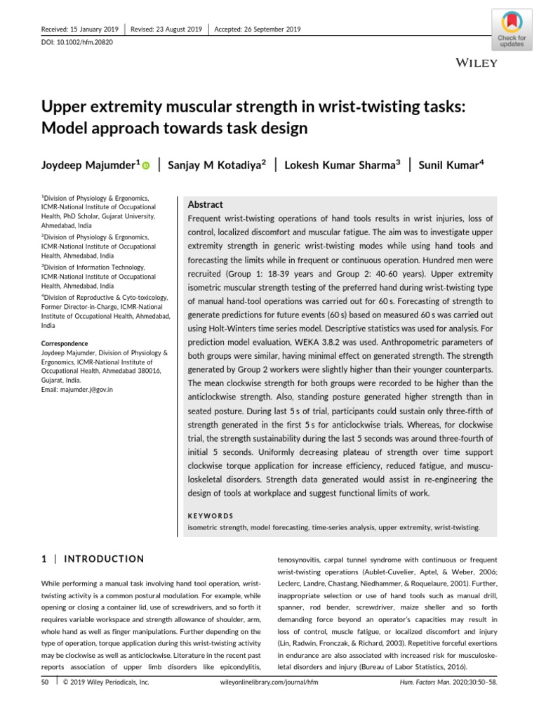 2020 Wiley Upper Extremity Muscular Strength in Wrist Twisting Tasks PDF Human Factors