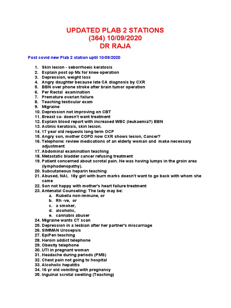 Updated List of All PLAB 2 Stations PDF Cancer Clinical Medicine