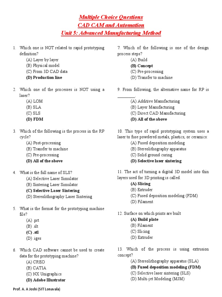 MCQ Unit 5 Advanced Manufacturing Method PDF 3 D Printing