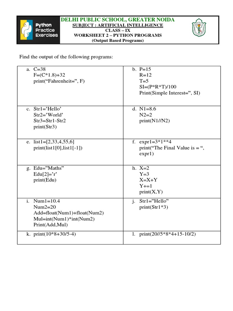 Class IX PythonPRogram OutputPrograms Worksheet2 | PDF