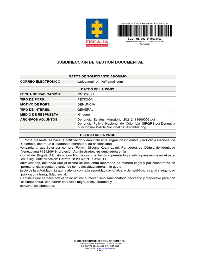 Denuncia Fiscalia General de La Nacion 20216170935162 | PDF | Justicia ...