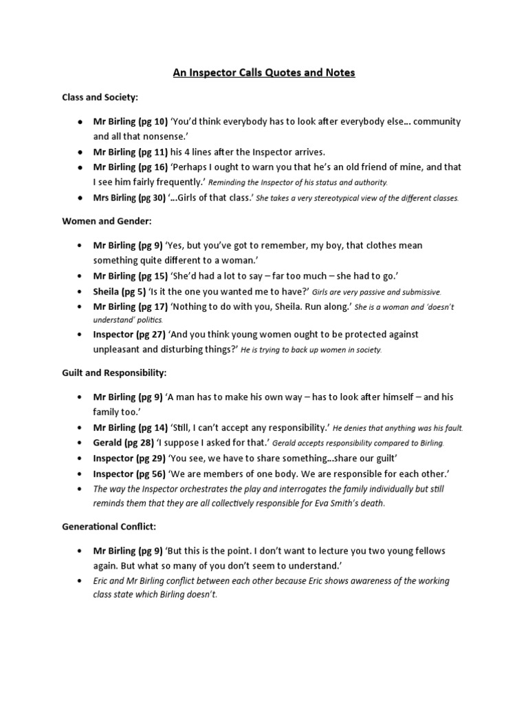 An Inspector Calls Quotes And Notes | Pdf
