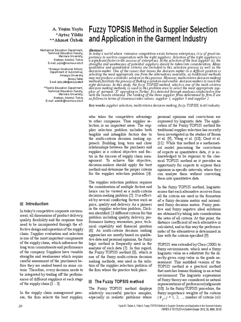 (YAYLA YILDIZ OZBEK) Fuzzy TOPSIS Method in Supplier Selection and ...