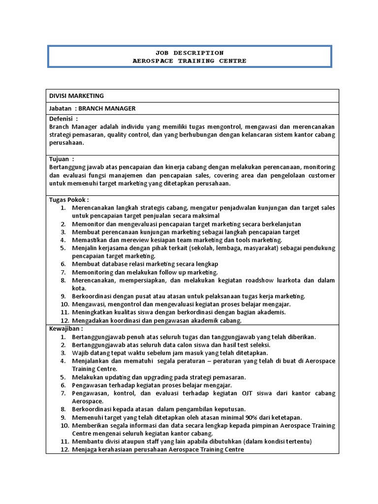 Tugas dan Tanggung Jawab Branch Manager | PDF