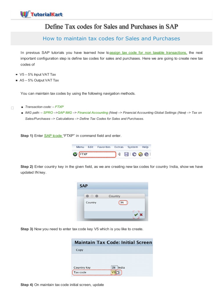 Define Tax Codes For Sales and Purchases in Sap PDF Taxes
