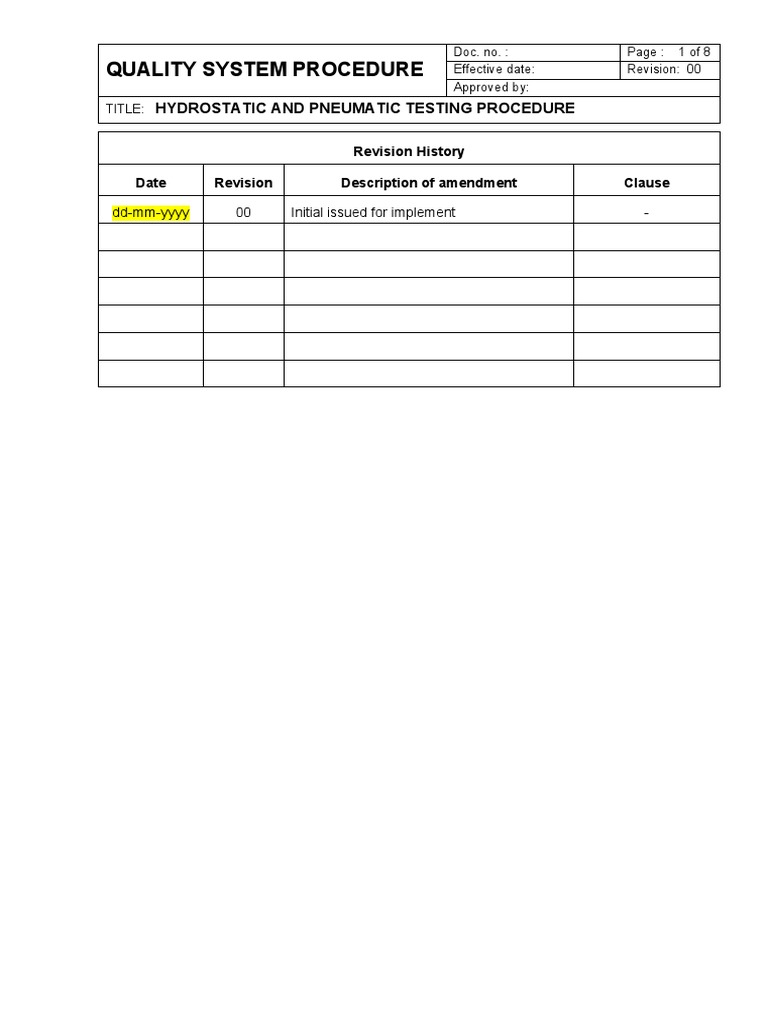 Hydrostatic And Pneumatic Testing Procedure Pdf Calibration Pipe