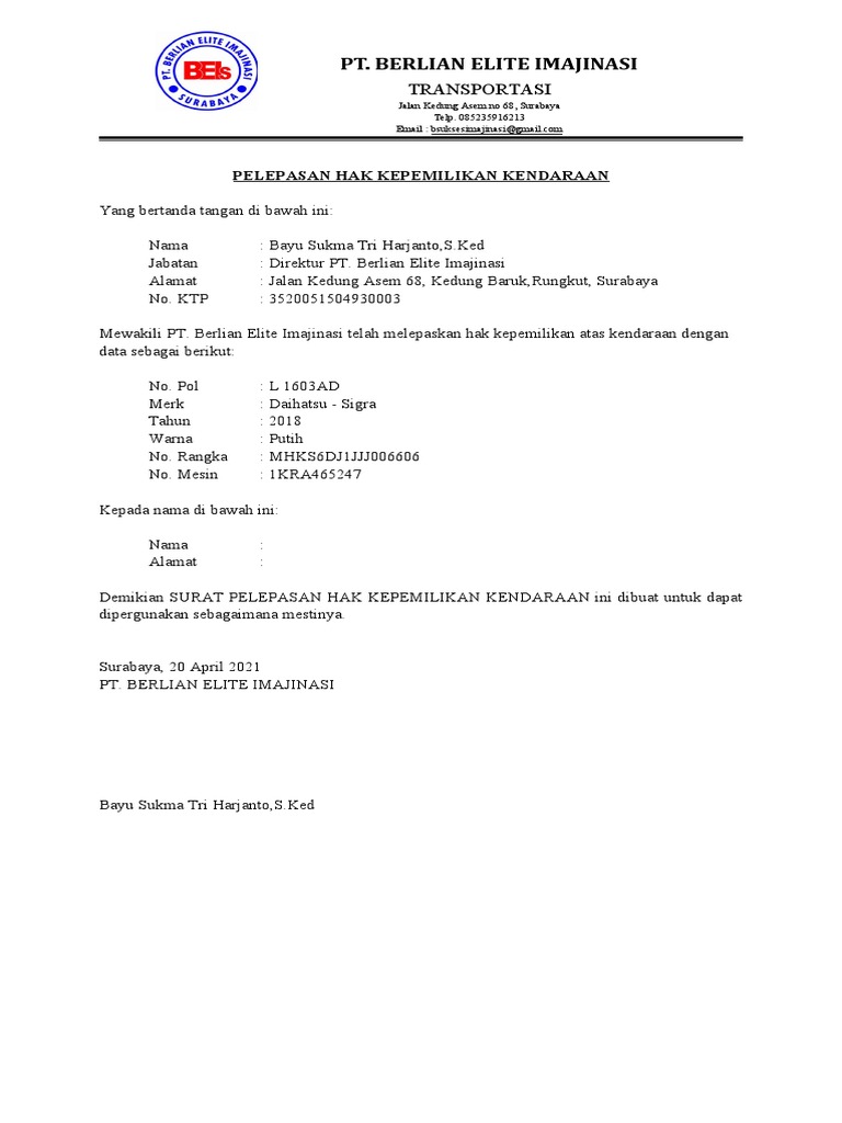 Surat Pelepasan Hak Milik Kendaraan | PDF
