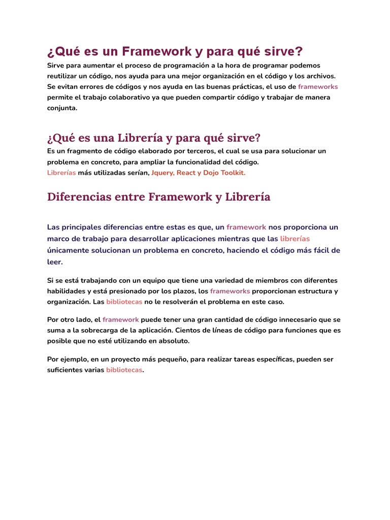 Diferencias entre Framework y Librería | PDF