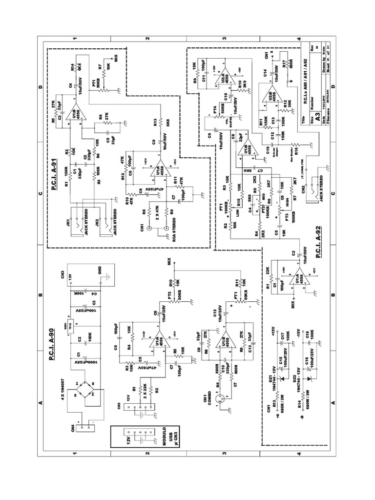 Circuit diagram for an audio mixing board showing component layout and