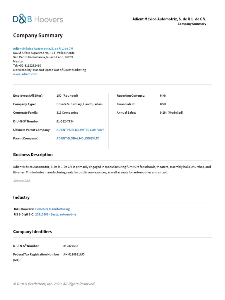 Adient Mxico Automotriz, S. de R.L. de C.V. - D&B | PDF