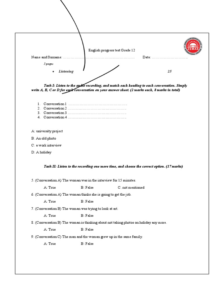 Grade 12 English Progress Test | PDF | Job Interview