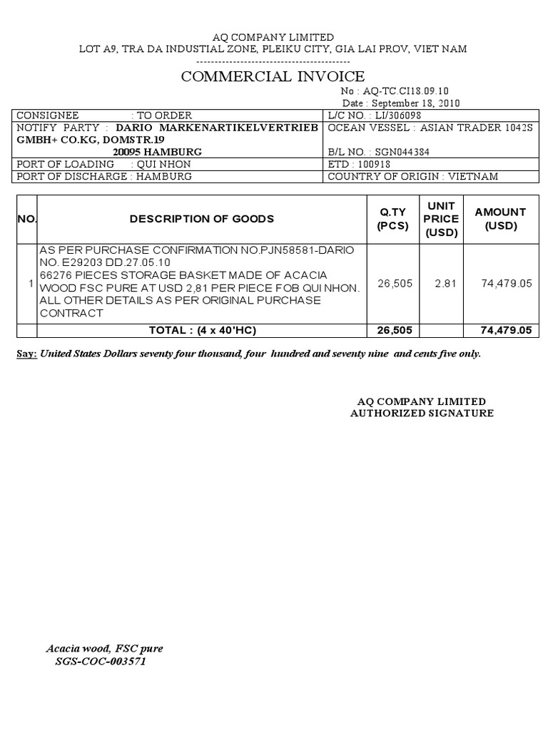 Commercial Invoice: GMBH+ Co - KG, Domstr.19 20095 HAMBURG | PDF