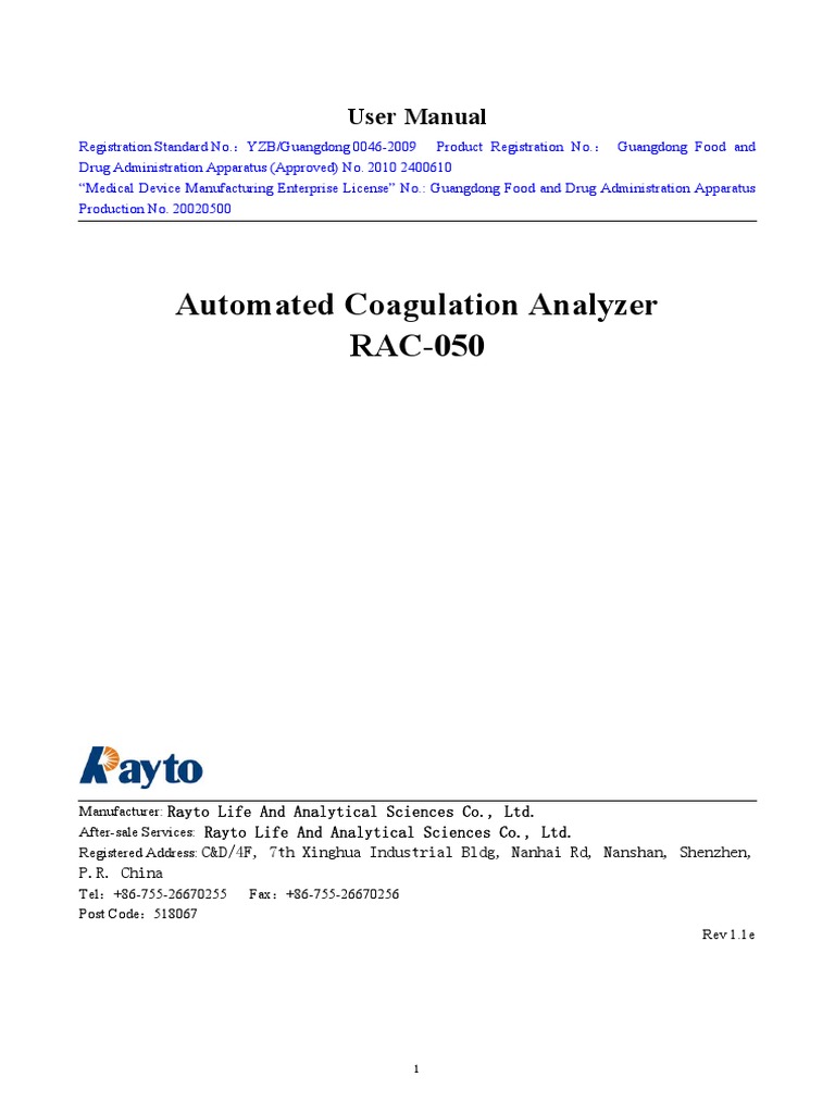 Automated Coagulation Analyzer RAC-050: User Manual | PDF | Power ...