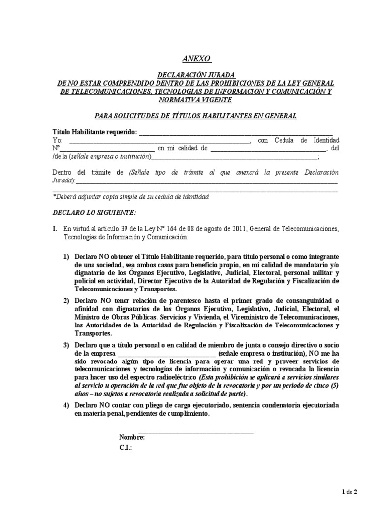 Declaración Jurada de No Estar Comprendido en Las Prohibiciones de La ...