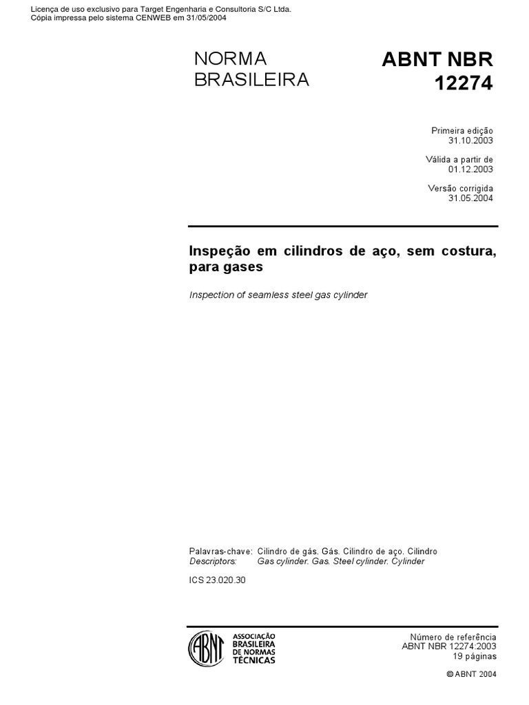 NBR 12274 - Inspeã Ã o de Cilindros de Aã o | PDF | Válvula | Corrosão