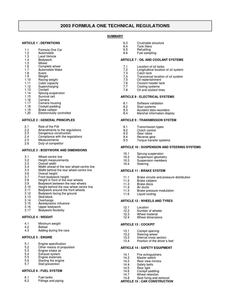 2003 Formula One Technical Regulations | PDF | Brake | Engines