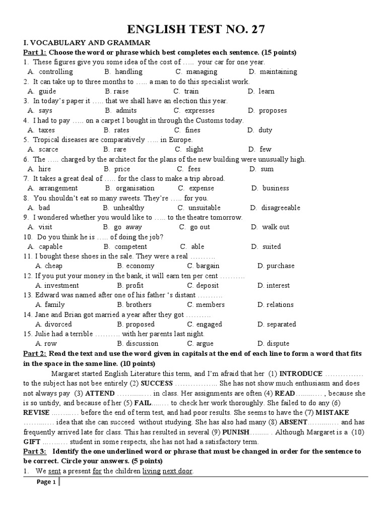 English Test No. 27 Introduce Success Attend Read Fail Revise Mistake