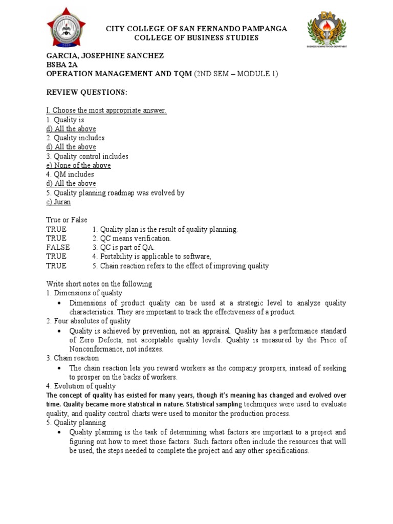 Operation Management & TQM Review Questions | PDF | Quality (Business ...
