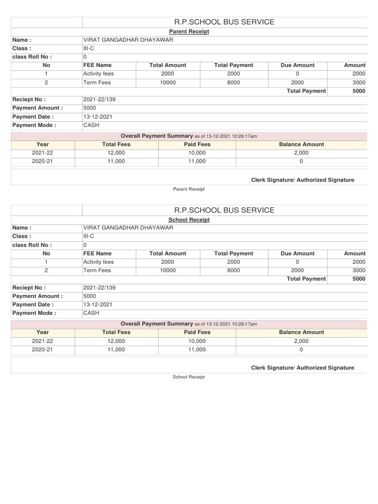 R.P.School Bus Service: As of 13-12-2021 10:26:17am | PDF | Receipt ...