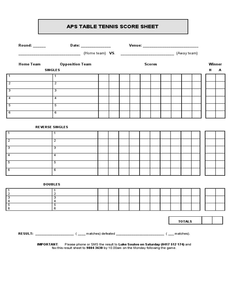 Blank Table Tennis Score Sheet PDF