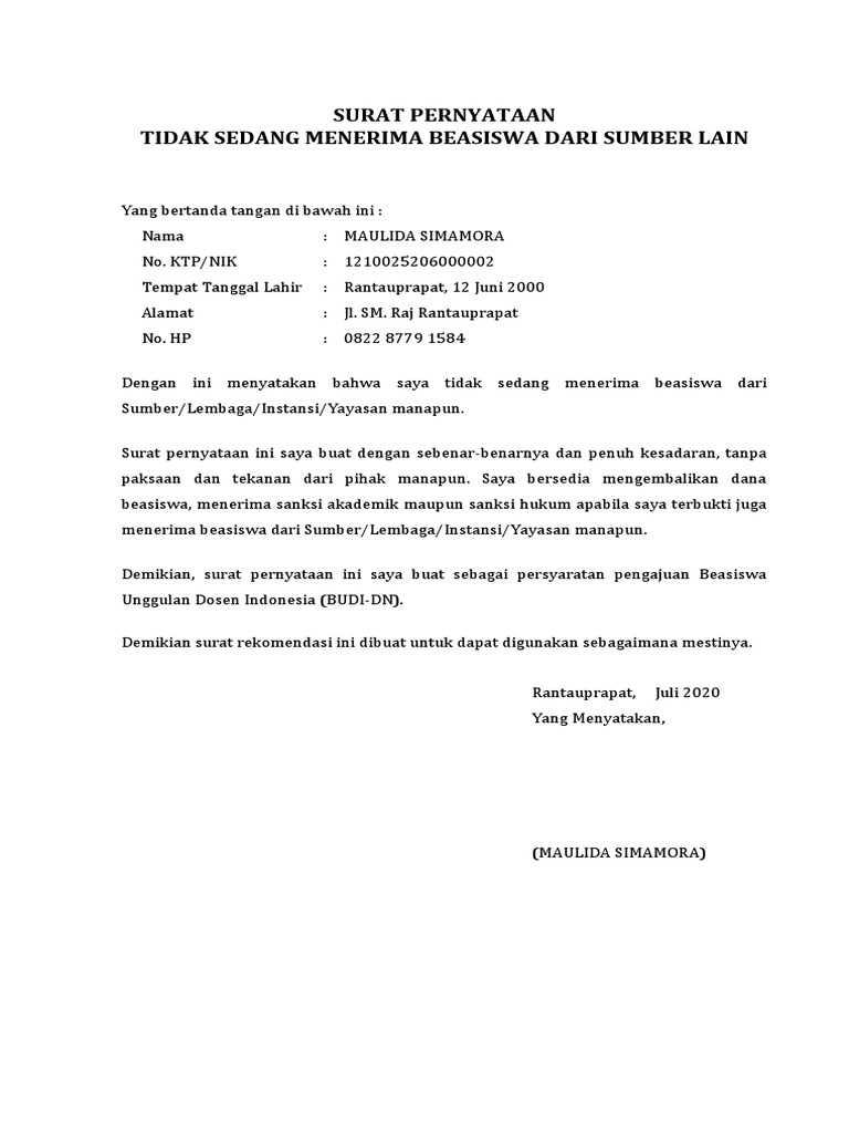 Doc Contoh Surat Pernyataan Tidak Menerima Beasiswa Lain Muh A R M