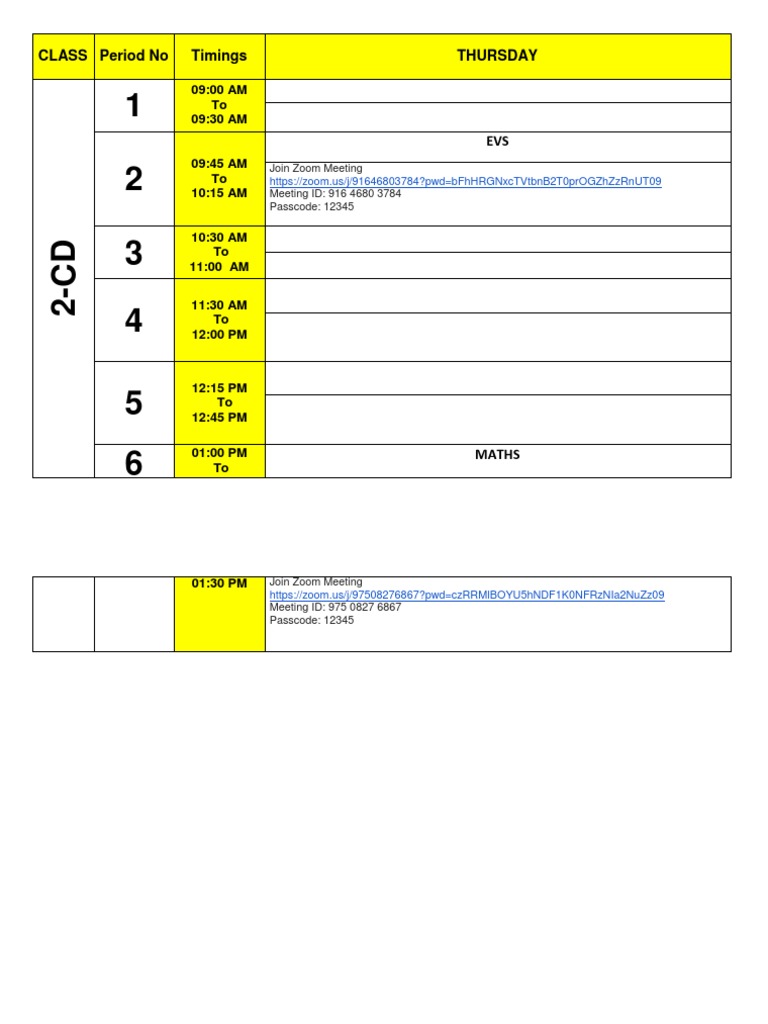 Thursday Class Schedule with Zoom Links | PDF