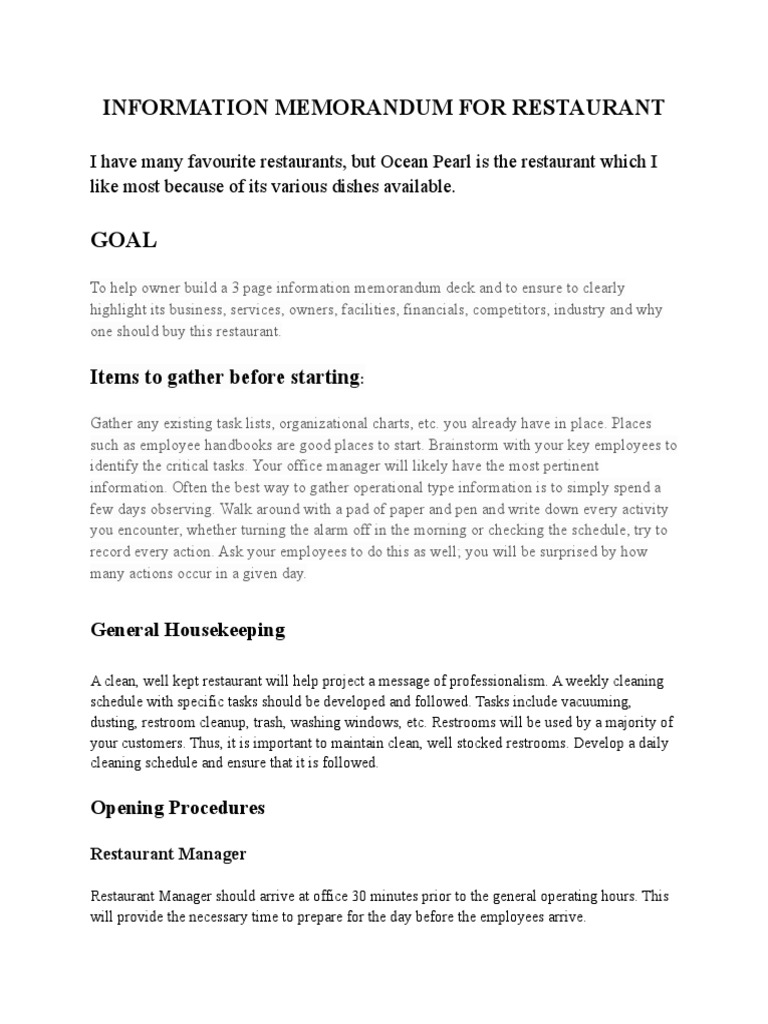 Restaurant Information Memorandum Guide | PDF