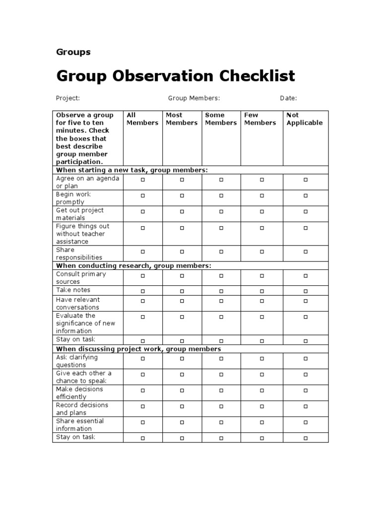 Group Observation Checklist: Groups | PDF