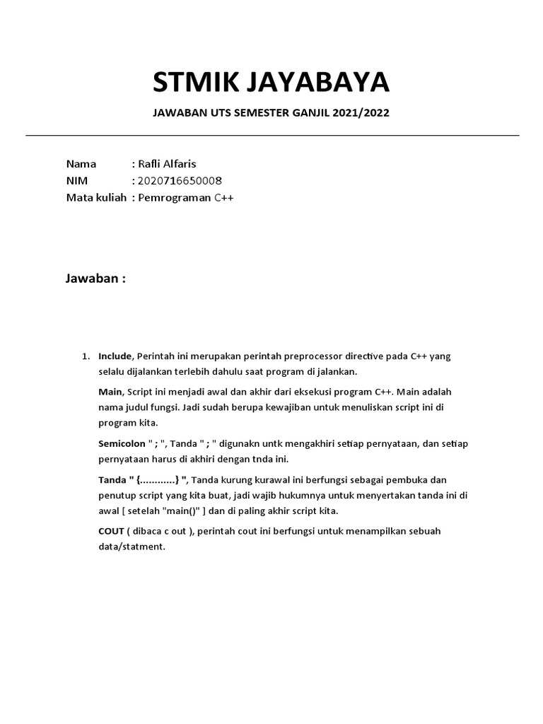 Jawaban UTS Pemrograman C++ | PDF