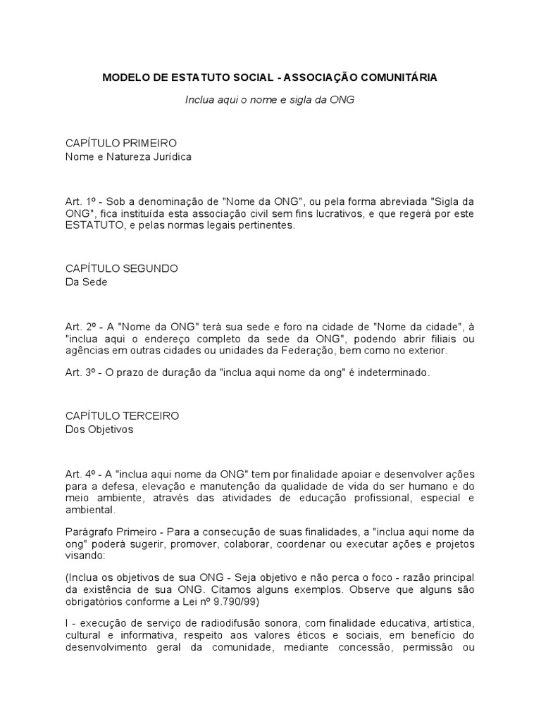 Modelo de Estatuto para ONG Comunitária | PDF | Contabilidade ...