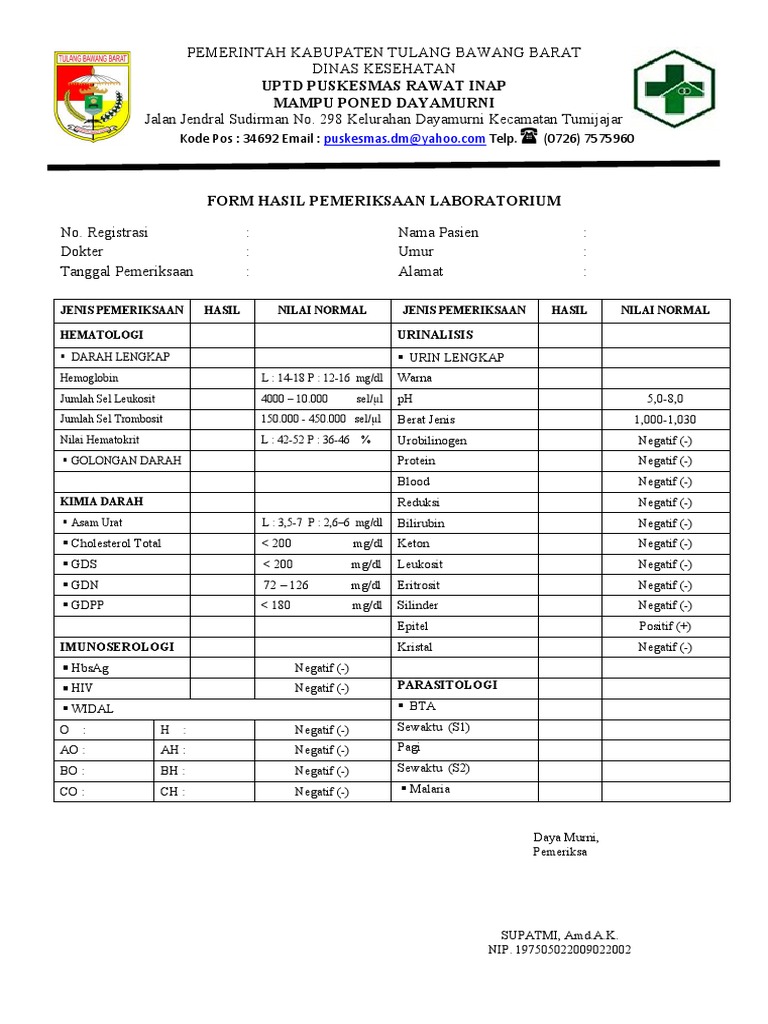 Form Hasil Pemeriksaan Laboratorium | PDF