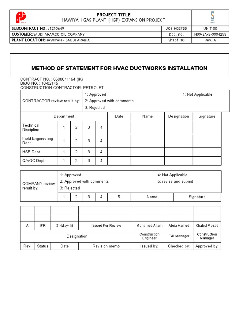 HVAC Ductwork Installation Method Statement | PDF | Duct (Flow ...