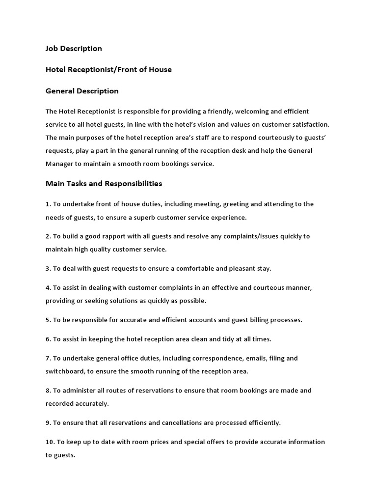 Hotel Receptionist Job Description PDF PDF Business