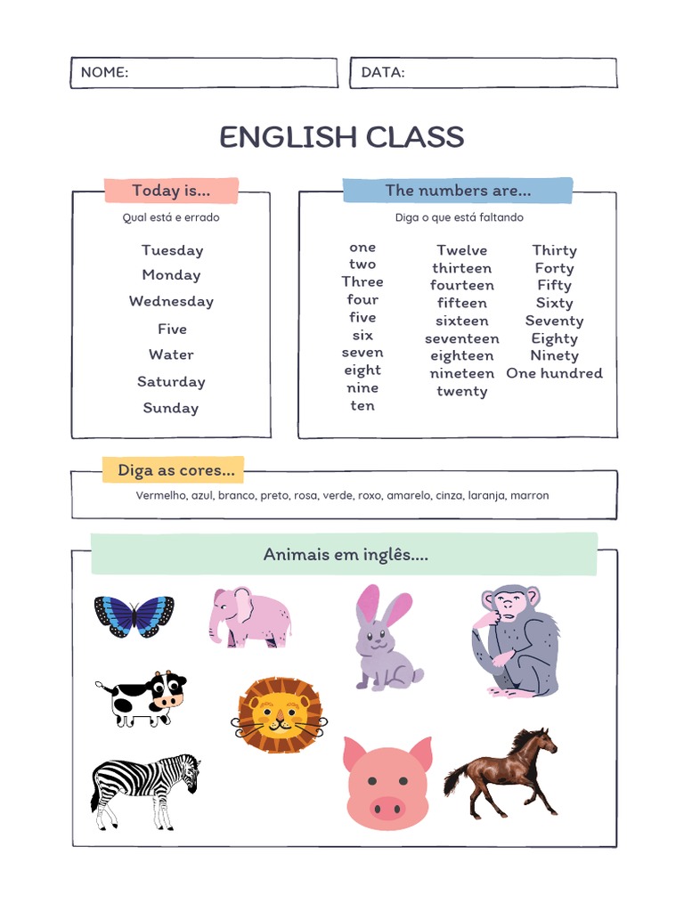 English Class: Numbers and Colors | PDF