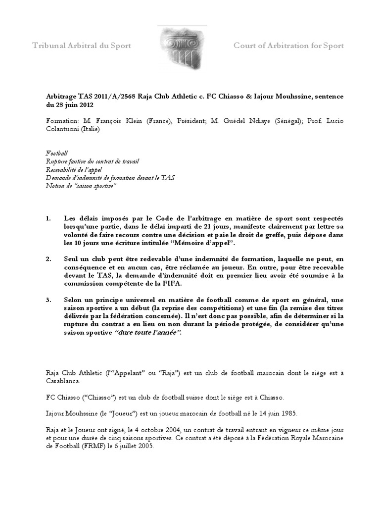 Arbitrage TAS : Raja c. Chiasso & Iajour | PDF | Arbitrage | Football