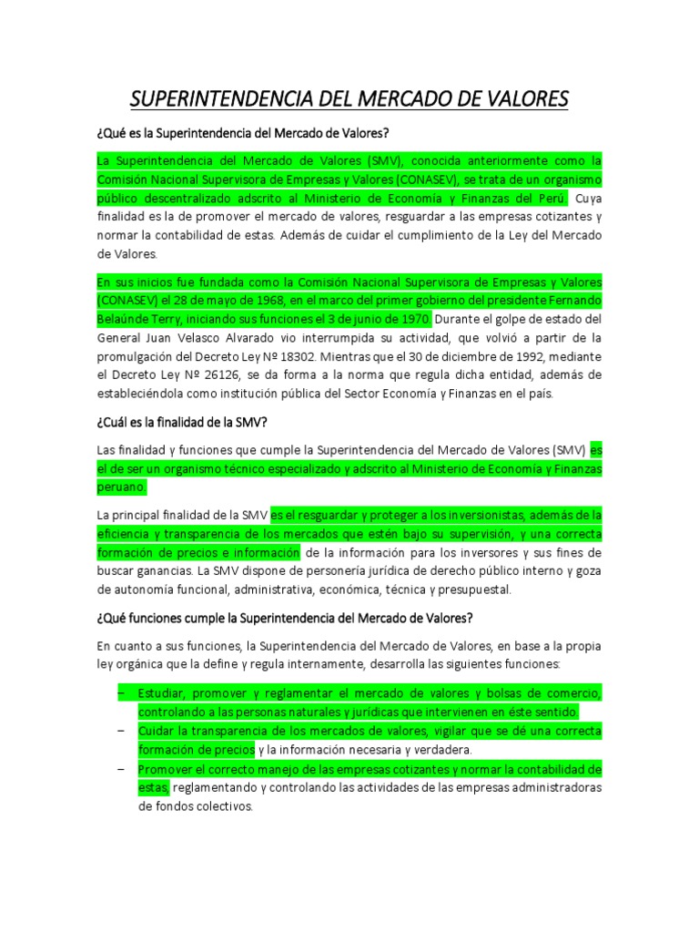 Funciones de la Superintendencia del Mercado de Valores | PDF | Bolsa ...