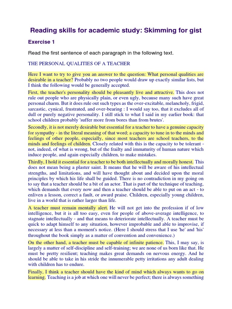 Reading Skills For Academic Study Skimming For Gist Exercise 1 PDF Teachers Psychology