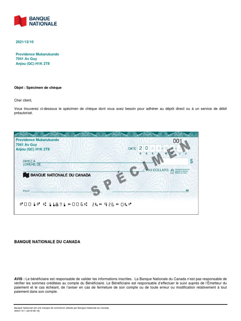 Spécimen de Chèque BNC PDF